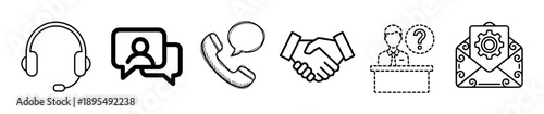 Set of black customer service icons including a headset, chat bubble, handshake, and telephone for business support, communication, and help desk concepts in a line art style