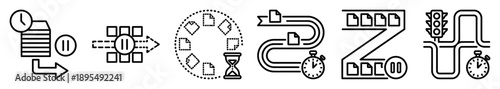 Set of six black line icons representing workflow, process management, task queuing, and time tracking, featuring stopwatches, hourglasses, and traffic lights