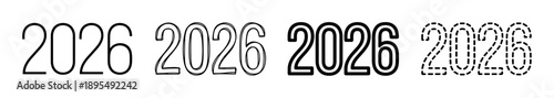 Four different black 2026 year number designs shown in a collection of typographic styles, from simple line art and hand-drawn to bold striped and dotted outlines