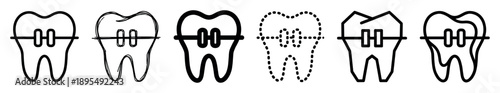 Set of six black tooth icons with dental braces in various minimalist line art styles, including hand-drawn, dotted, and bold outlines for orthodontic and dentistry concepts