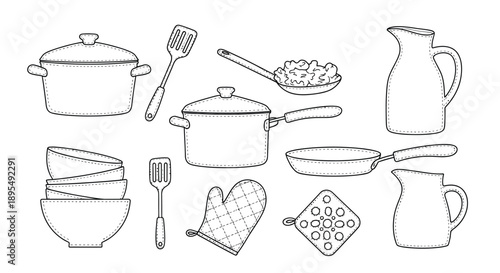 A collection of kitchen cookware and utensils is arranged, including pots, pans, spatulas, and pitchers.