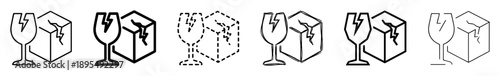 Fragile handle with care shipping icon set with broken glass and cracked box symbols in various line art styles for packaging and logistics warning labels