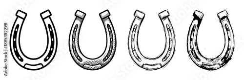 Set of four black horseshoe illustrations showing a stylistic progression from a clean, simple graphic icon to a rough, textured, and hand-drawn sketch for design elements