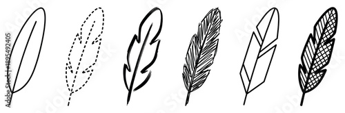Set of six hand-drawn feather icons in various artistic styles including outline, dotted, brush stroke, sketch, and geometric for a minimalist design element