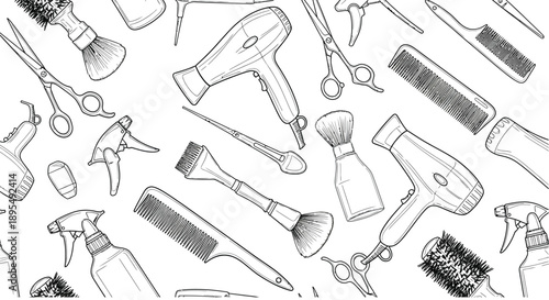 Various hairdressing tools, such as scissors, combs, hairdryers, spray bottles, and brushes, are scattered across the frame.