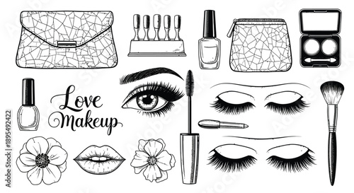 Cosmetic items, including a clutch purse, nail polish bottles, lipstick, eyeshadow, mascara, false eyelashes, and a makeup brush, are arranged on a white background.