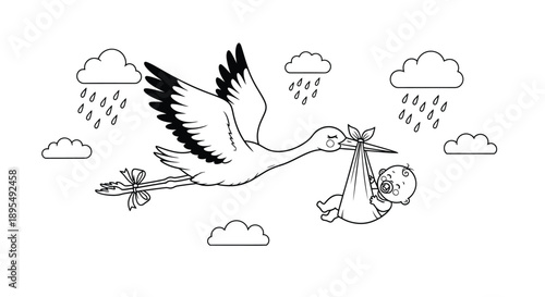 A stork with outstretched wings carries a baby bundled in a cloth in its beak as it flies through a cloudy, rainy sky.