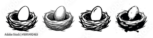 Set of four hand-drawn bird nests with a single egg inside, showcasing different artistic styles from simple silhouette and cross-hatching to expressive ink brush strokes