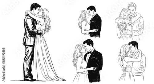 Collection of romantic couples embracing and kissing in formal wedding attire and casual dress for relationship concepts.