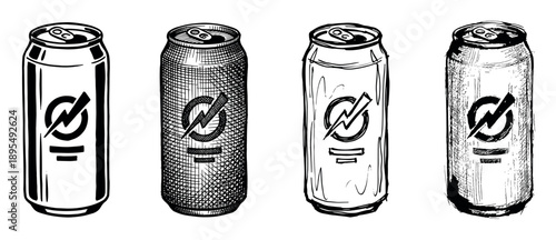 Four hand-drawn energy drink cans in various sketch styles, including clean line art, cross-hatching, and rough ink textures, showing a collection of beverage container illustrations