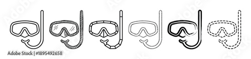 Set of six black snorkeling masks with snorkels presented in various artistic line styles, including hand-drawn sketch, dotted, dashed, and brush stroke for a graphic collection