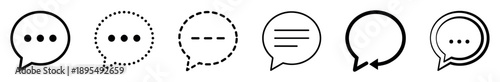 Set of black and white speech bubble icons for communication and messaging, featuring various line art styles like solid, dotted, and dashed with dots and text symbols inside
