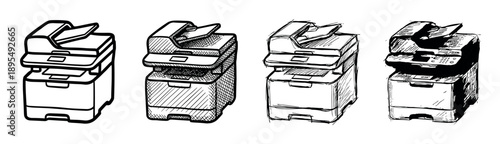 Four office printer illustrations hand-drawn in a black and white sketch style, showing a creative set with different levels of detail and ink hatching