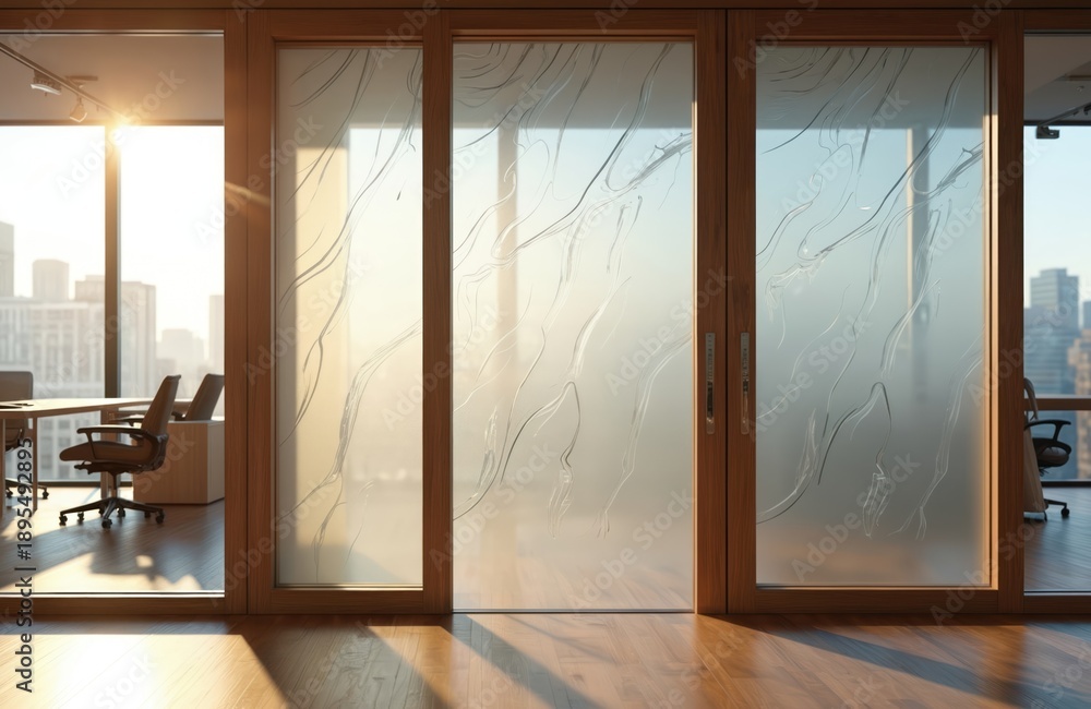 Fototapeta premium Modern office interior with frosted glass partition doors. Sunlight streams into a workspace with city views. Wood accents add warmth to the clean design.