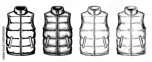 Four hand-drawn puffer vests in various sketch styles, a collection of black and white ink illustrations showing sleeveless winter jackets with zippers and high collars for fashion design