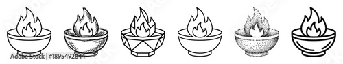 Set of six fire bowl icons drawn in various black and white line art styles including sketch, geometric, and stipple, representing concepts like spirit, victory, and knowledge
