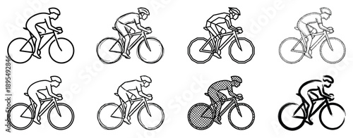 Collection of eight cyclist and bicycle icons rendered in different black artistic techniques including line art, sketch, polygonal, stippled, crosshatch, and ink brush styles
