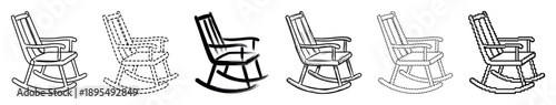 Set of six rocking chair illustrations in various artistic styles including line art, dashed outline, brush stroke, hand-drawn sketch, dotted, and pixel art