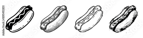 Four black and white hot dog illustrations in various artistic styles, from a clean icon and detailed engraving to a rough hand-drawn sketch for fast food design
