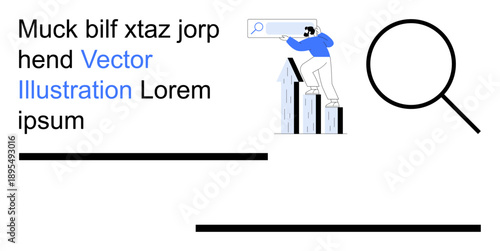 Business analysis, data research, market trends, search tools, SEO optimization, goal achievement. Person on bar chart with magnifying glass. Business analysis and data research concept