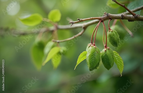 Wallpaper Mural Green leaves and seed pods hang from a tree branch. New growth on twig with soft bokeh background. Shallow depth of field highlights plant detail in spring. Torontodigital.ca