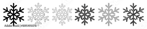 Set of six black snowflake icons showing various artistic styles including solid, dashed, dotted, cross-hatch, stippled, and hand-drawn scribble for winter designs