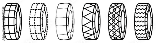 Collection of six black line tire icons with various tread patterns and line styles, including solid, dashed, and dotted outlines for automotive or graphic design concepts