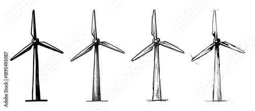 Four hand-drawn wind turbine illustrations in a row, showcasing a simple black and white sketch style for concepts of renewable energy and ecological power