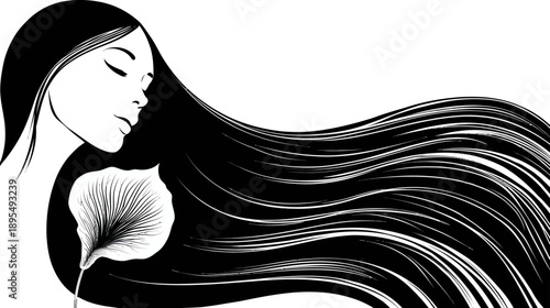 Elegant black and white illustration of a woman with long flowing hair and a serene expression, holding a delicate leaf