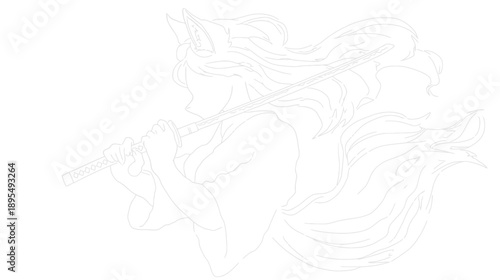 Ethereal fox spirit woman playing a traditional flute in delicate line art illustration, fantasy character sketch.
