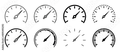 Set of eight black hand-drawn speedometer and gauge icons in various sketch and doodle styles showing different levels of performance, speed, and measurement on a scale