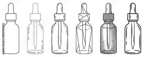 Set of six black line art dropper bottle illustrations showing different artistic styles from simple outline and dashed to geometric, sketched, and cross-hatched designs