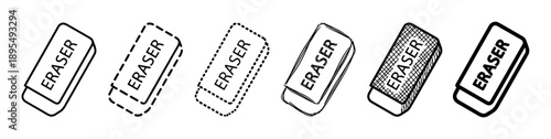 Set of six black eraser icons in various hand-drawn styles, including doodle, dashed line, and bold outline, representing school and office stationery supplies