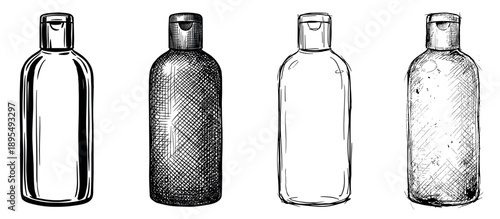 Four hand-drawn cosmetic bottle illustrations in various sketch styles, showing different line art and cross-hatching techniques for beauty and hygiene product packaging design