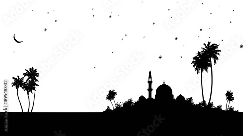 Detailed Silhouette of Islamic Mosque, Minaret, Palm Trees, Crescent Moon, and Stars at Night. Spiritual Ramadan Eid Celebration.
