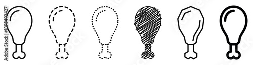 Collection of black chicken leg icons in various outline styles, including simple, dashed, dotted, scribbled, geometric, and bold for food or restaurant design