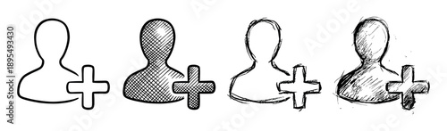 Hand-drawn add user icon set featuring four different sketch and doodle styles, including simple outline and crosshatching for social media or application interfaces