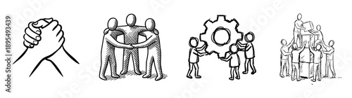 Four black and white hand-drawn illustrations showing teamwork, collaboration, unity, and partnership with clasped hands, a group huddle, people moving a gear, and building blocks