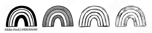 Set of four hand-drawn black rainbow illustrations with various textures, including stripes, cross-hatching, sketchy lines, and a grunge effect, presented in a row