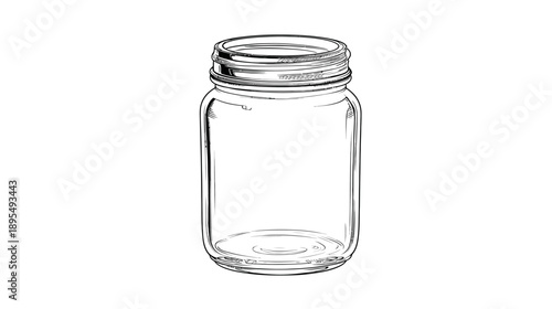 Empty glass jar sketch illustration, clear transparent storage container, line art outline drawing on white background for preserving