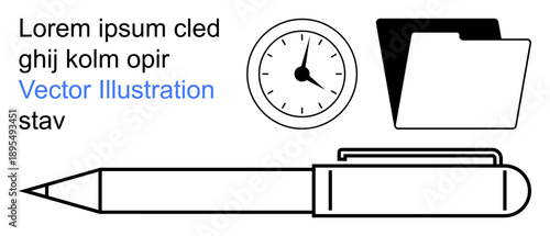 Office organization, time tracking, productivity tools, business planning, workplace essentials, document management. Pen, clock and folder design in black and white. Office organization and time