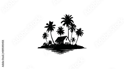 Tropical island silhouette with a small house and palm trees, reflecting on water. Vector graphic for vacation, travel, and paradise themes.