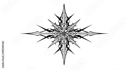 Intricate black and white spiky star graphic design element. Abstract ornamental symmetrical emblem vector illustration.