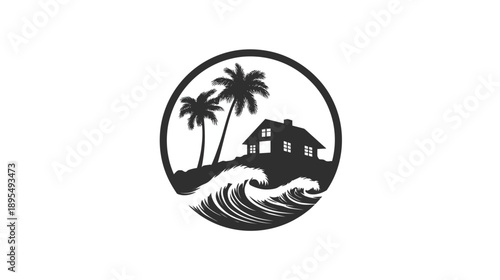 Circular tropical island silhouette with beach house, palm trees, and ocean waves. Coastal property emblem or vacation logo.