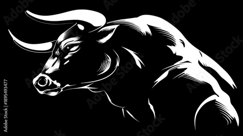 Powerful Bull Head Illustration - Strong Muscular Bovine Profile in Black and White Graphic Style