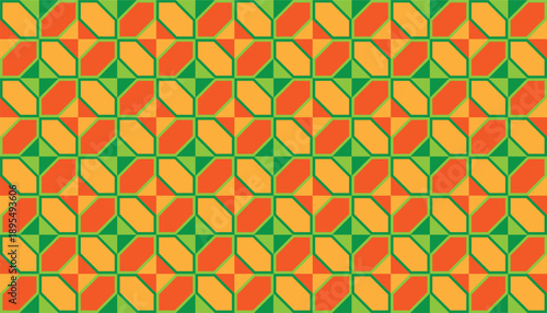 Seamless vibrant geometric pattern with octagonal star motifs in orange, yellow, and green. Abstract vector background with symmetrical interlocking shapes