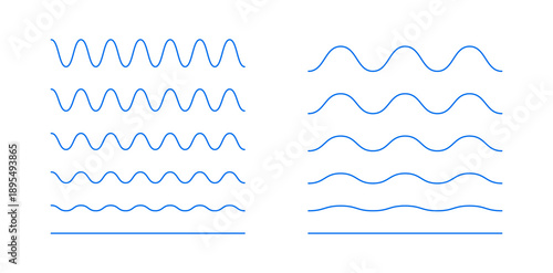 Wavy, curvy lines. Sine, fluid, air, wind signs. Water, river, lake, sea, ocean symbol. Undulate simple blue borders, transverse horizontal lines. Outline graphic illustration on a white background.