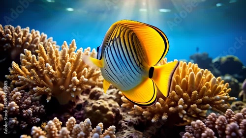 Beautiful Butterflyfish Swimming in the Ocean Near Coral Reefs.
