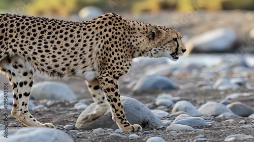Cheetah walking across rocks in natural environment, wildlife animal.
