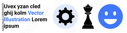 Business strategy, systems workflow, teamwork, decision-making, leadership dynamics, motivational tools. Gear, chess king and happy face icons in black and blue. Strategy and systems workflow